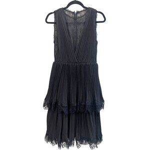 Mikael Aghal $945 Black Lace Pleated Teired Midi Dress Size 4
